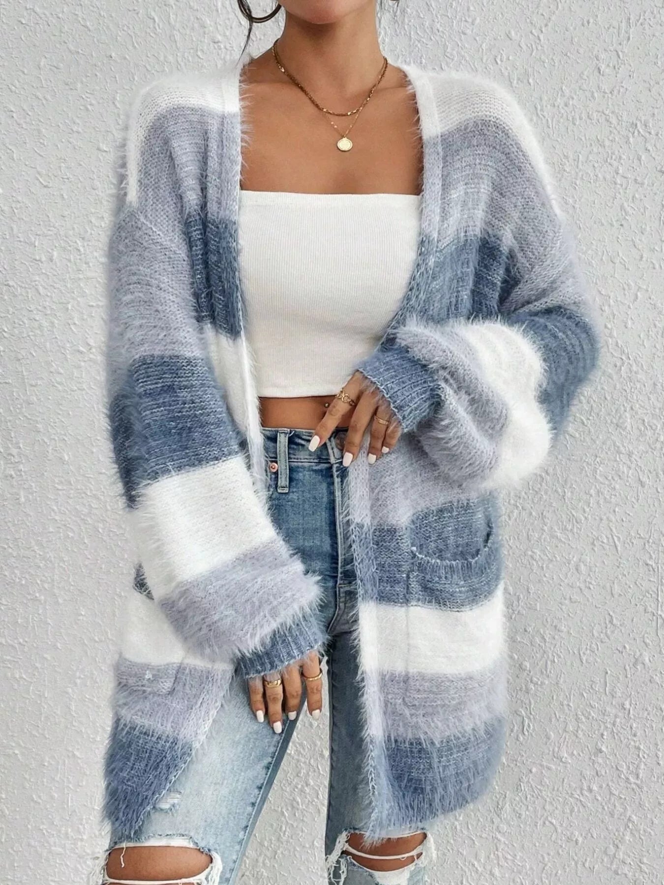 Striped Fuzzy Knit Open Front Cardigan