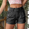 Pleated Detail High Rise Denim Shorts Dark