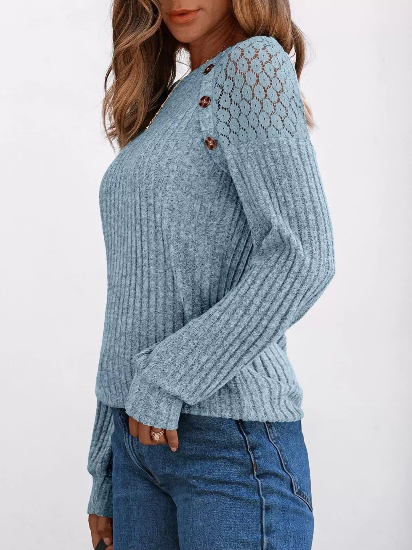 Ribbed Knit T-Shirt with Lace Shoulder Detail