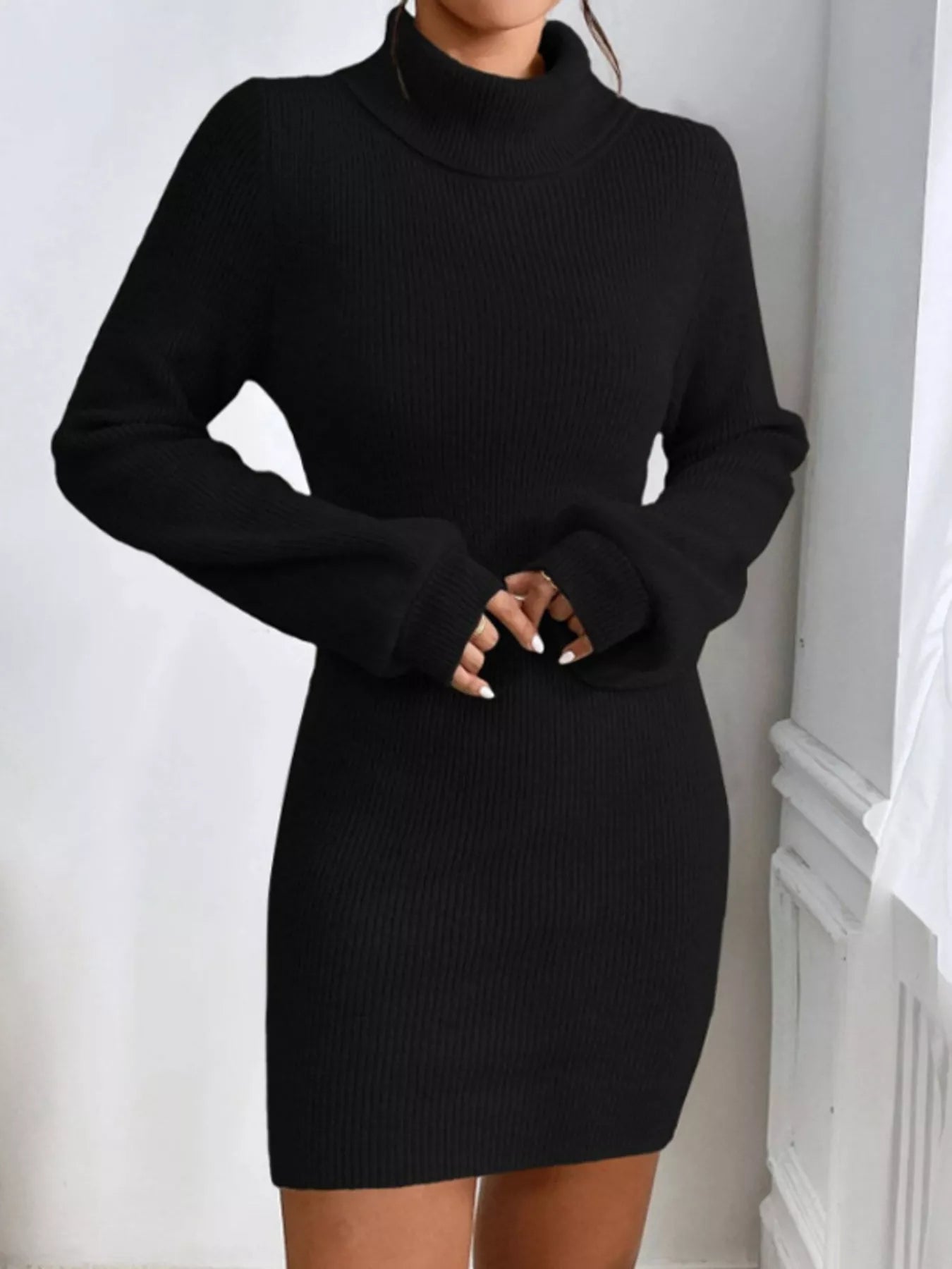 Turtleneck Ribbed Knit Sweater Dress