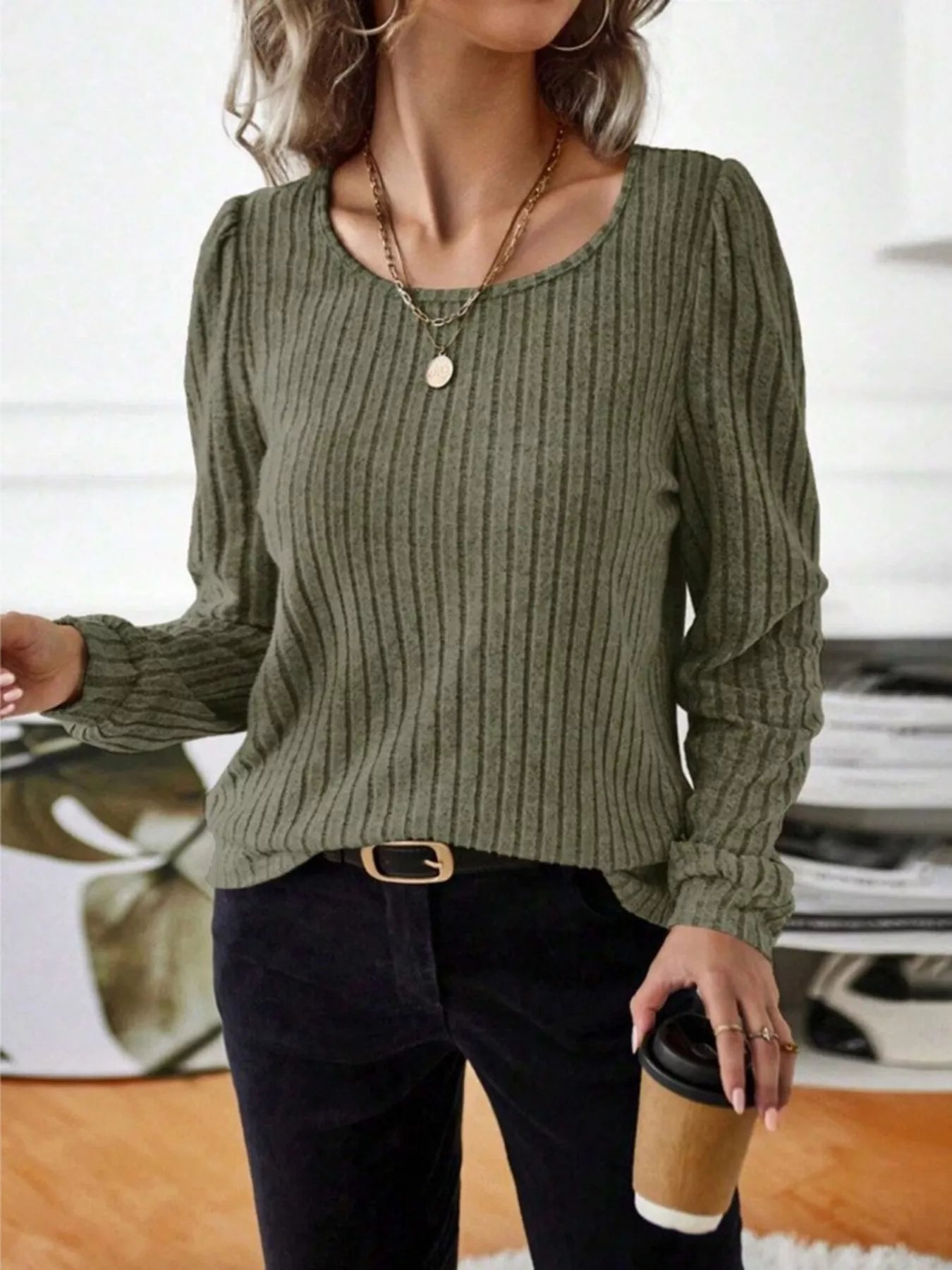 Ribbed Knit Long Sleeve T-Shirt