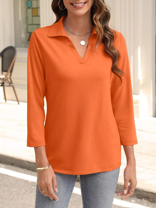 Johnny Collar Solid Color Top Orange