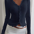 Lace Trim Long Sleeve Top Navy