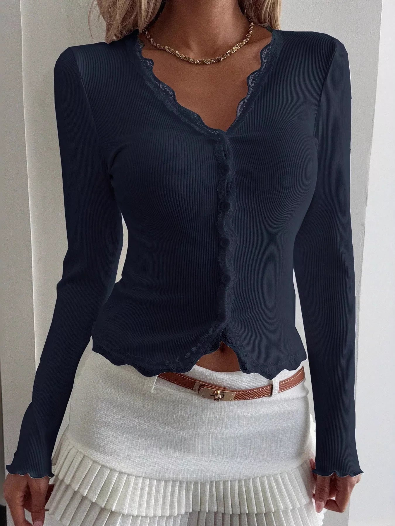 Lace Trim Long Sleeve Top Navy