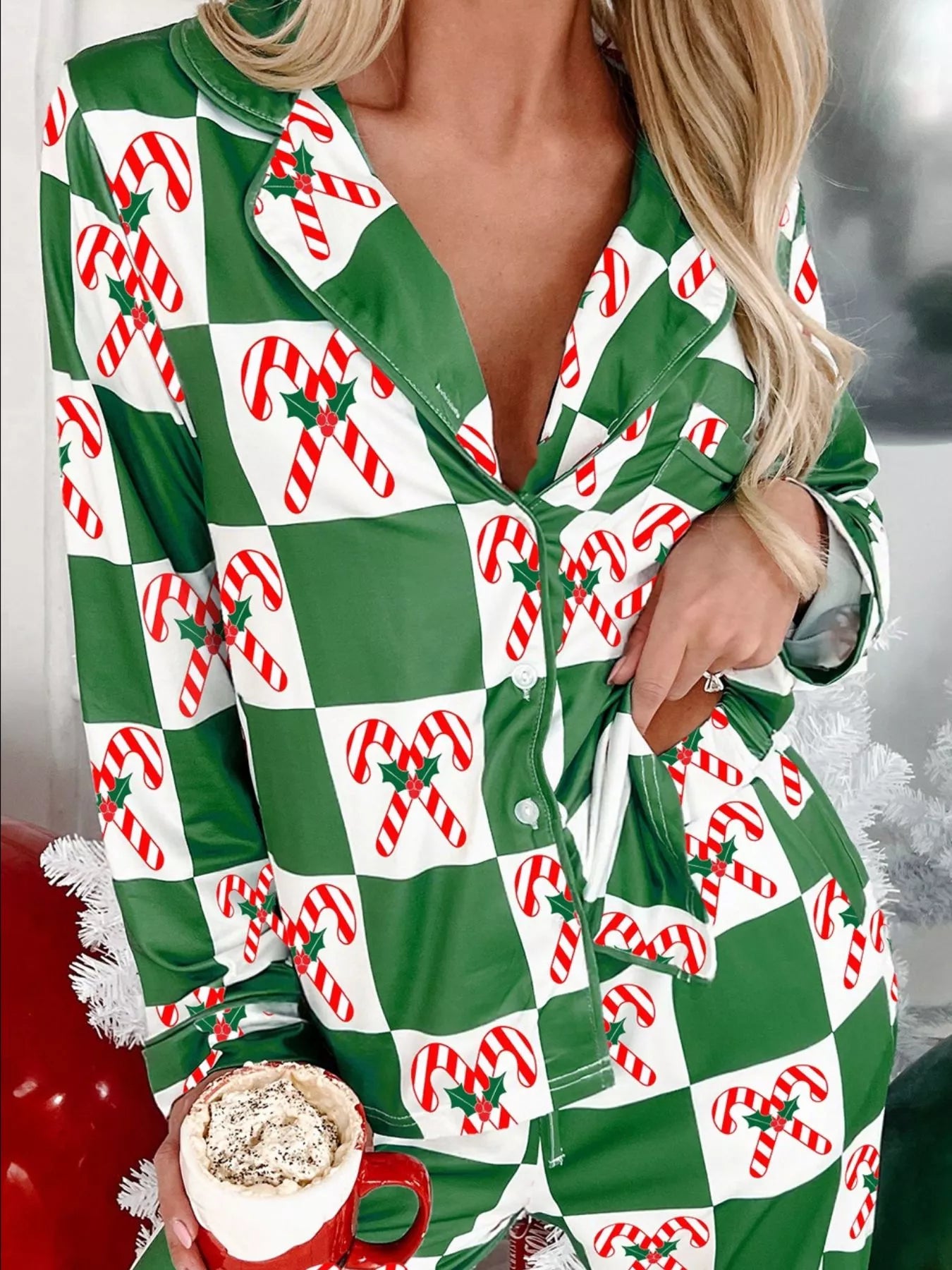 Candy Cane Checkered Pattern 2pcs Pajama Set Green