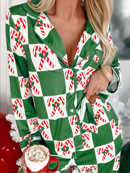 Candy Cane Checkered Pattern 2pcs Pajama Set Green