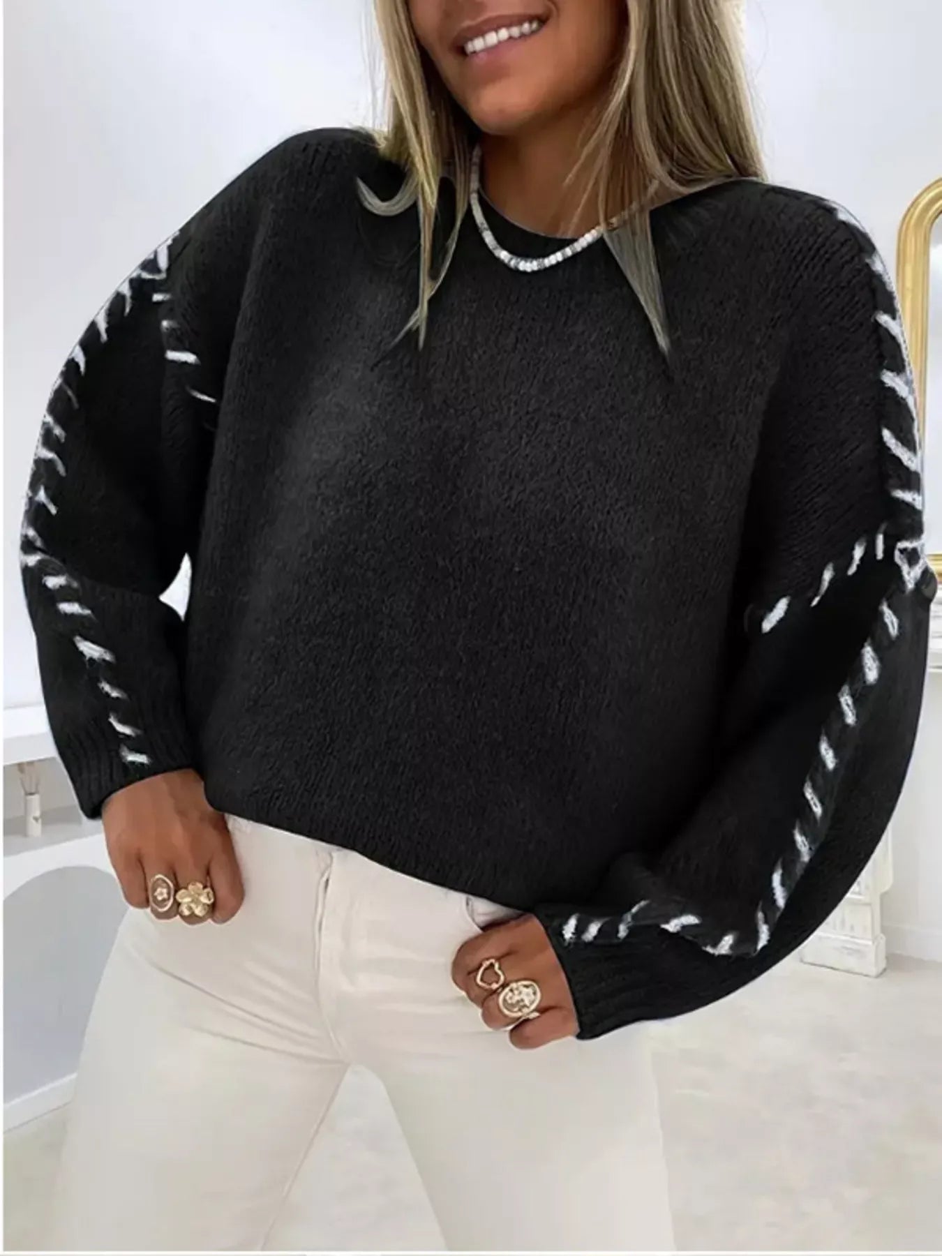 Contrast Stitching Dropped Shoulder Sweater