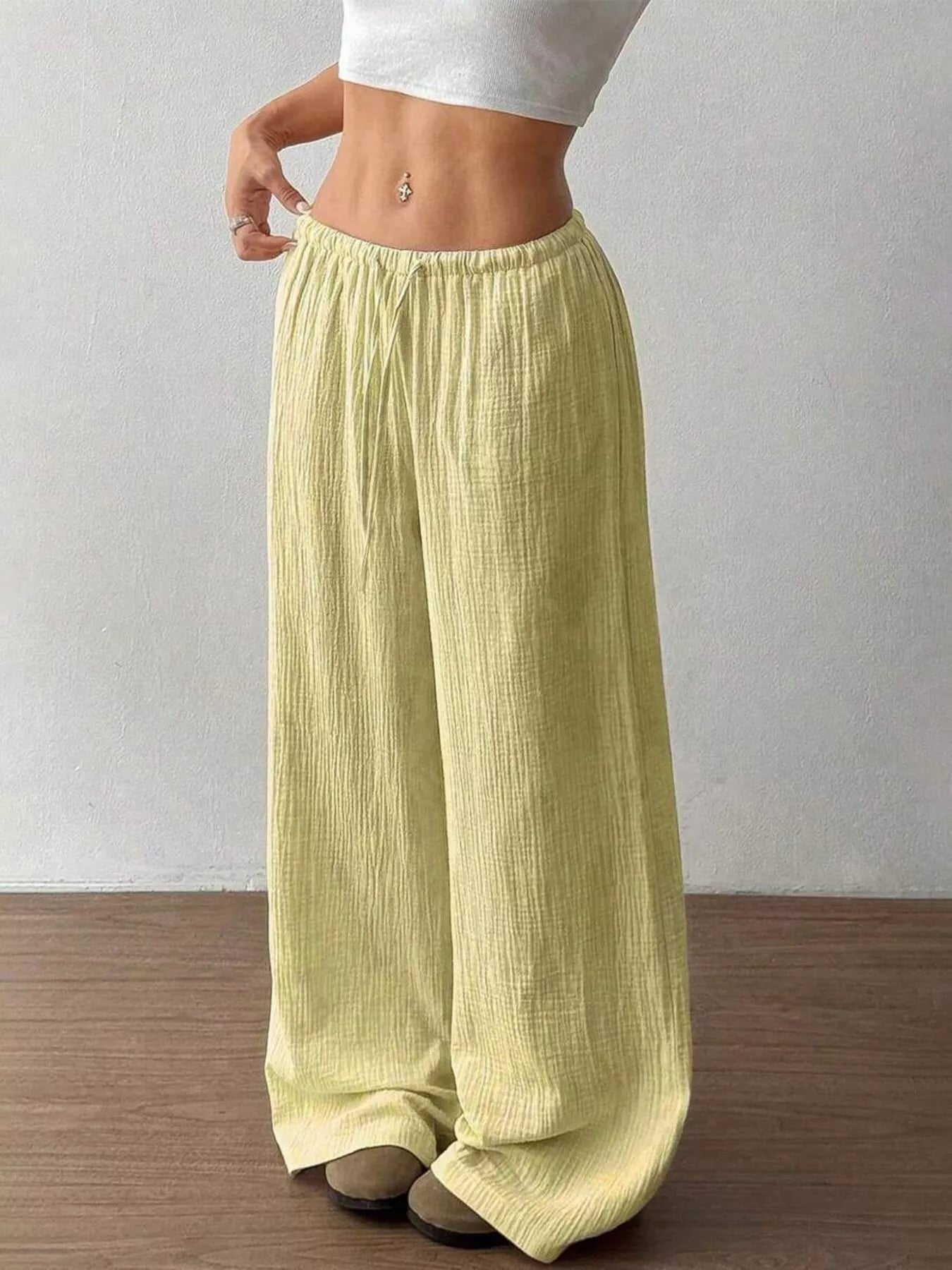 Full Size Drawstring Wide Leg Pants Plus Size Yellow