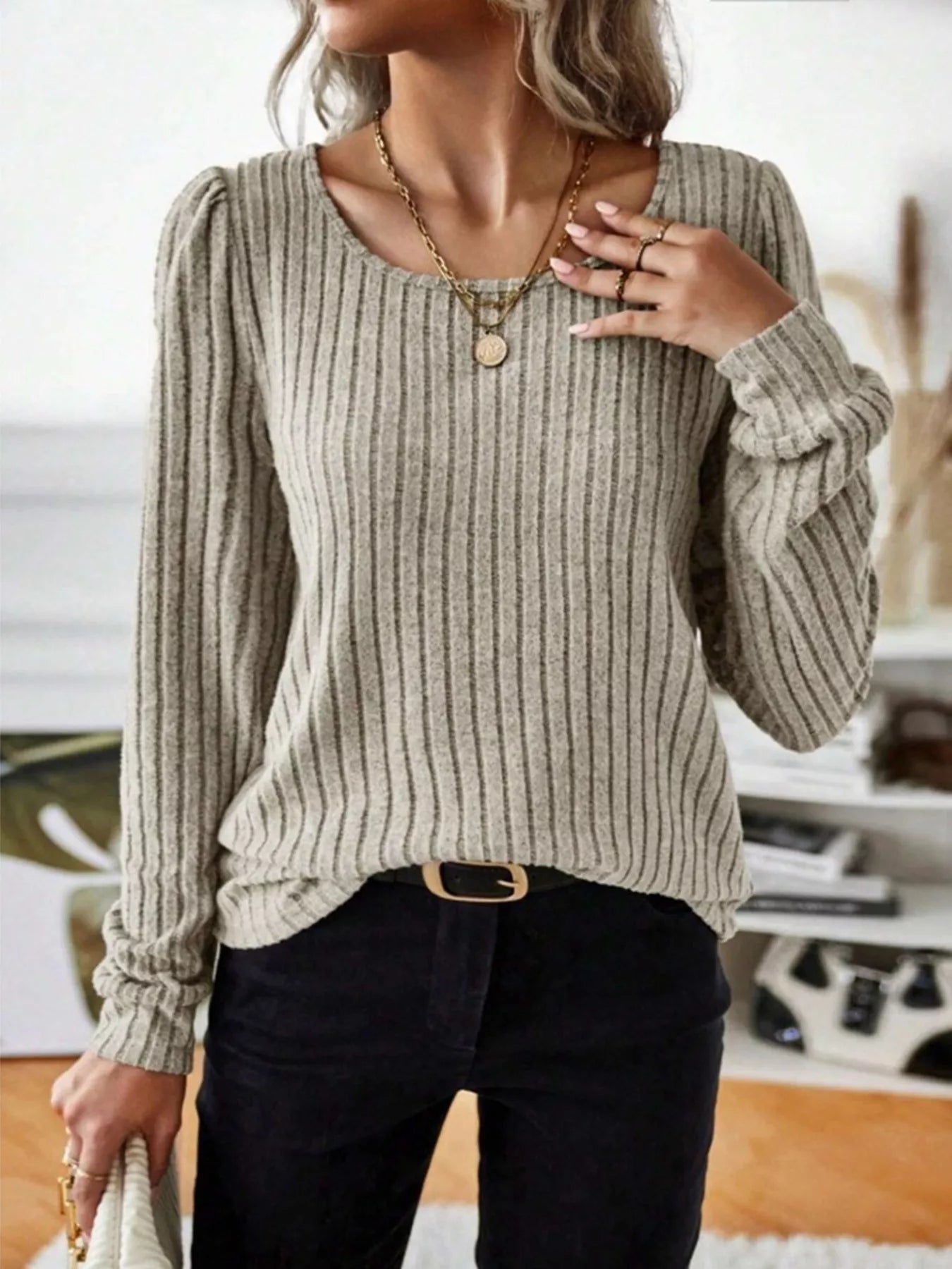 Ribbed Knit Long Sleeve T-Shirt Apricot