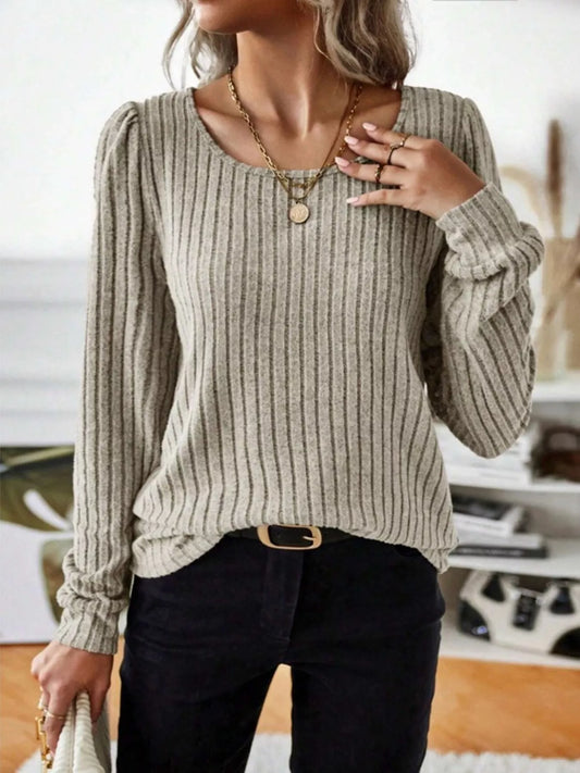 Ribbed Knit Long Sleeve T-Shirt Apricot