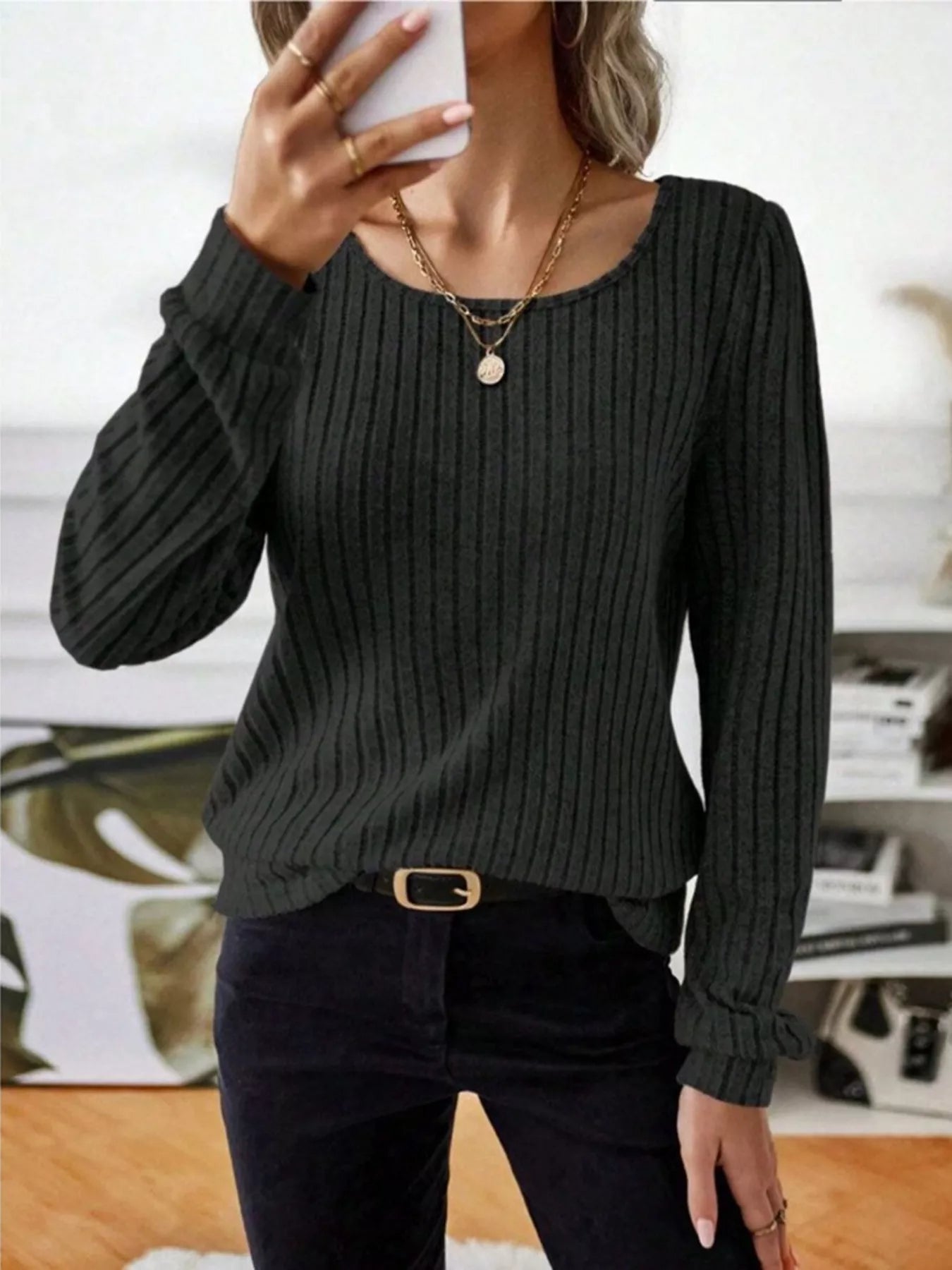 Ribbed Knit Long Sleeve T-Shirt