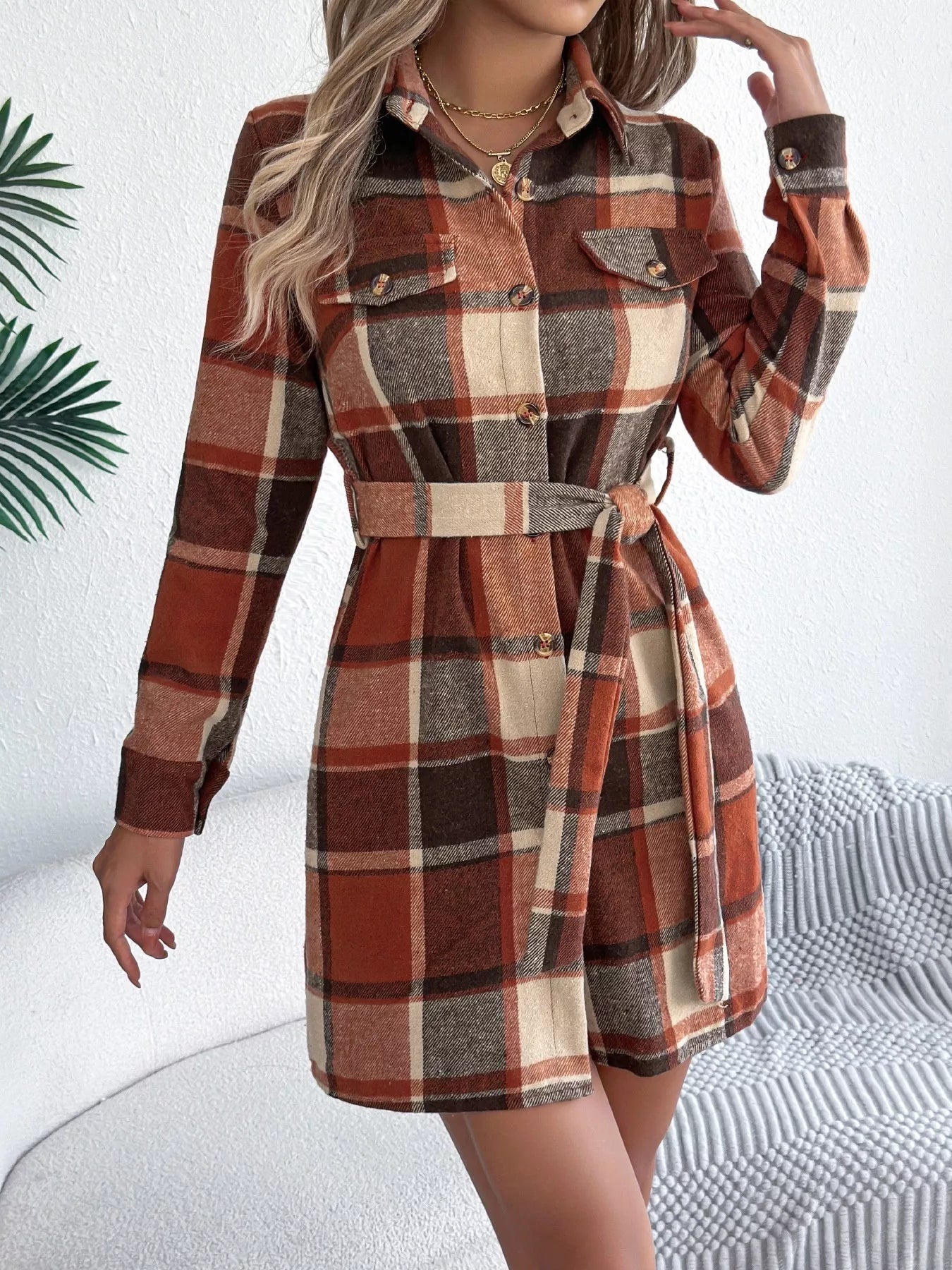 Plaid Button Front Tie Waist Shirt Dress