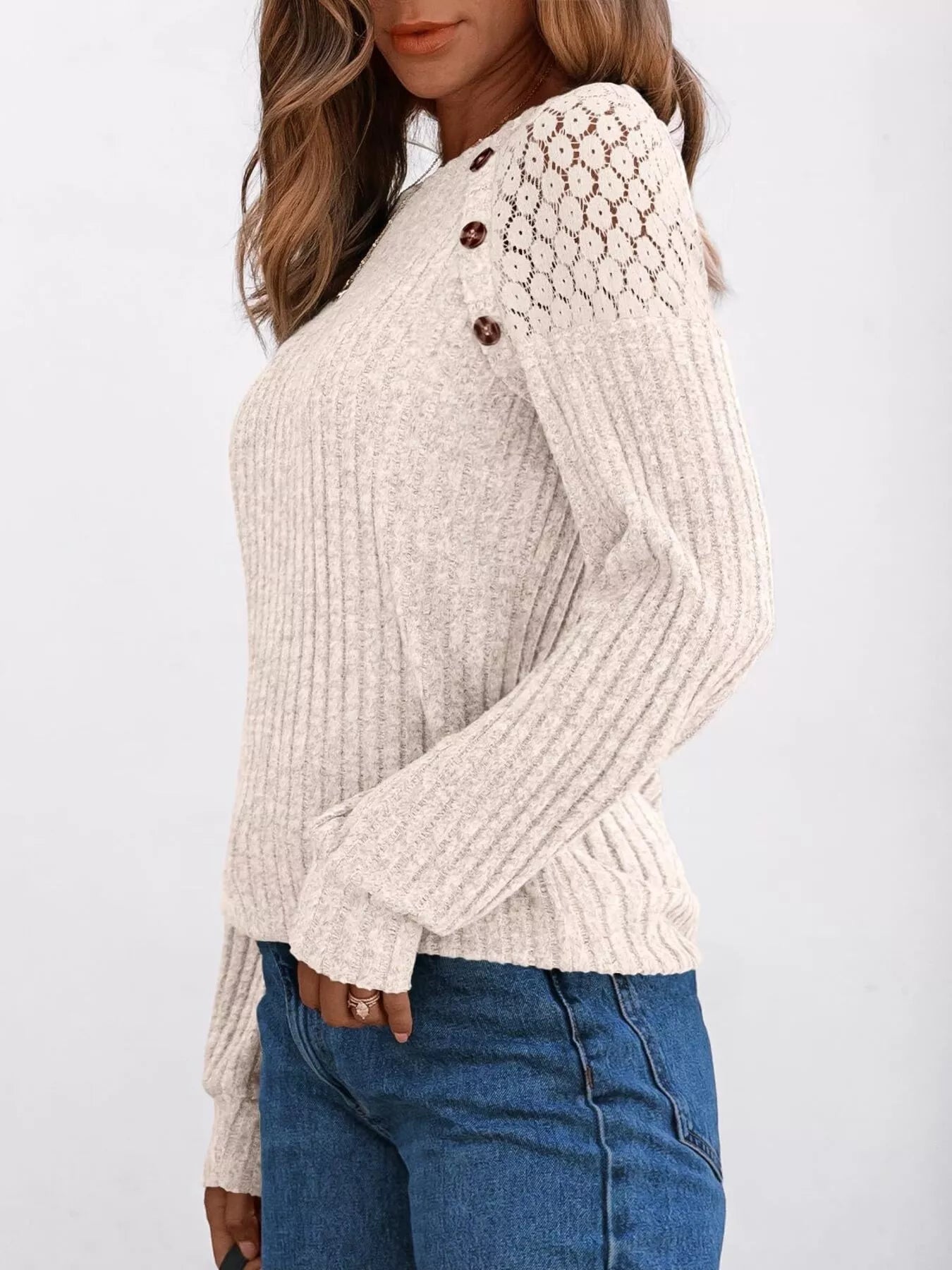 Ribbed Knit T-Shirt with Lace Shoulder Detail
