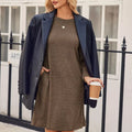 Ribbed Knit Puff Sleeve Casual Mini Dress Khaki