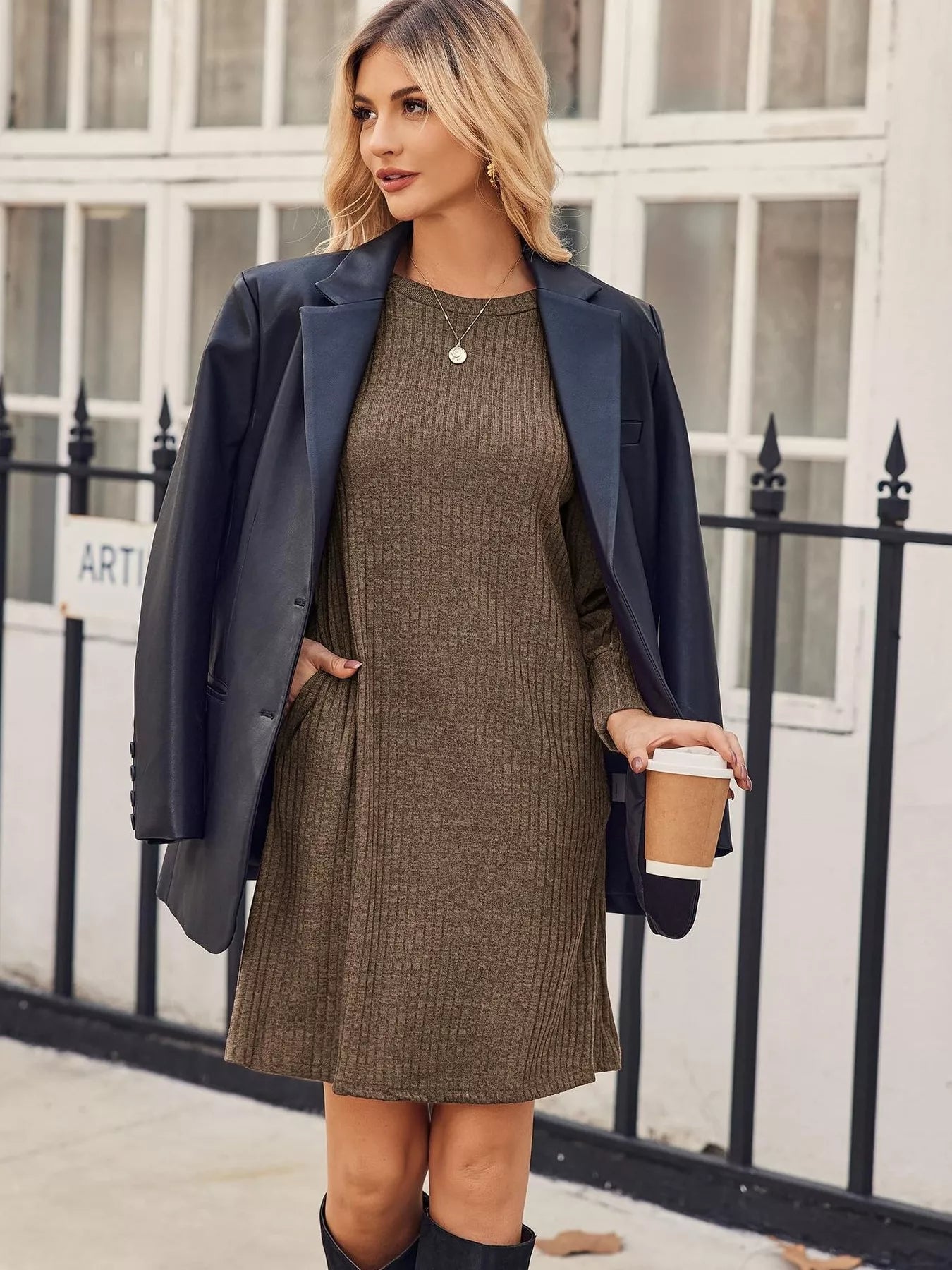 Ribbed Knit Puff Sleeve Casual Mini Dress Khaki