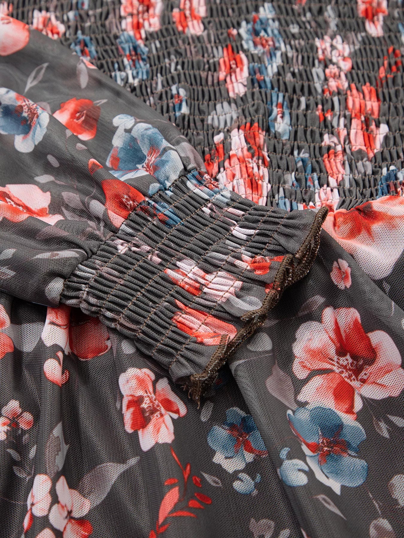 Frilly Smocked Bodice Floral Mesh Long Sleeve Mini Dress