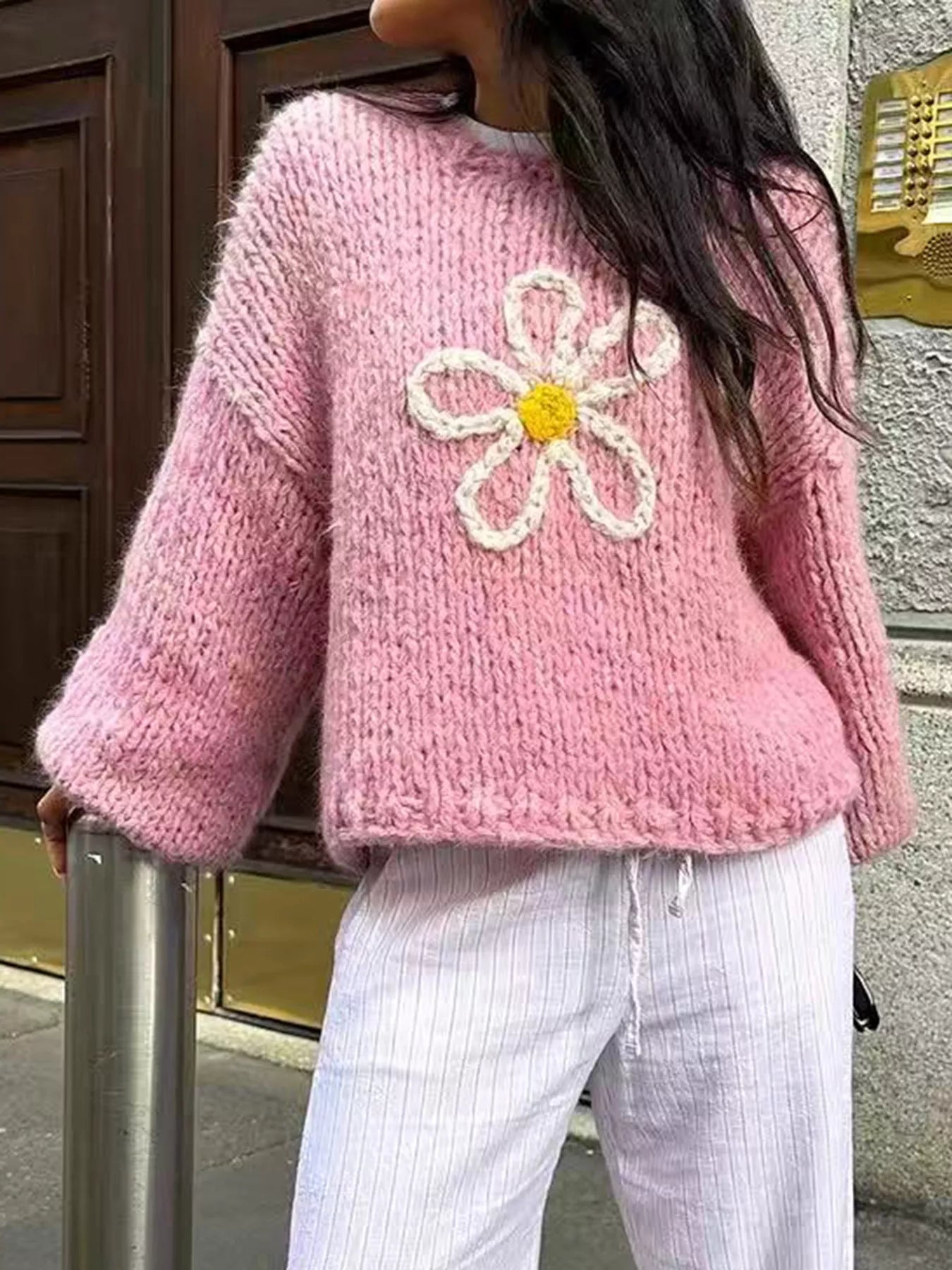 Flower Round Neck Dropped Shoulder Sweater