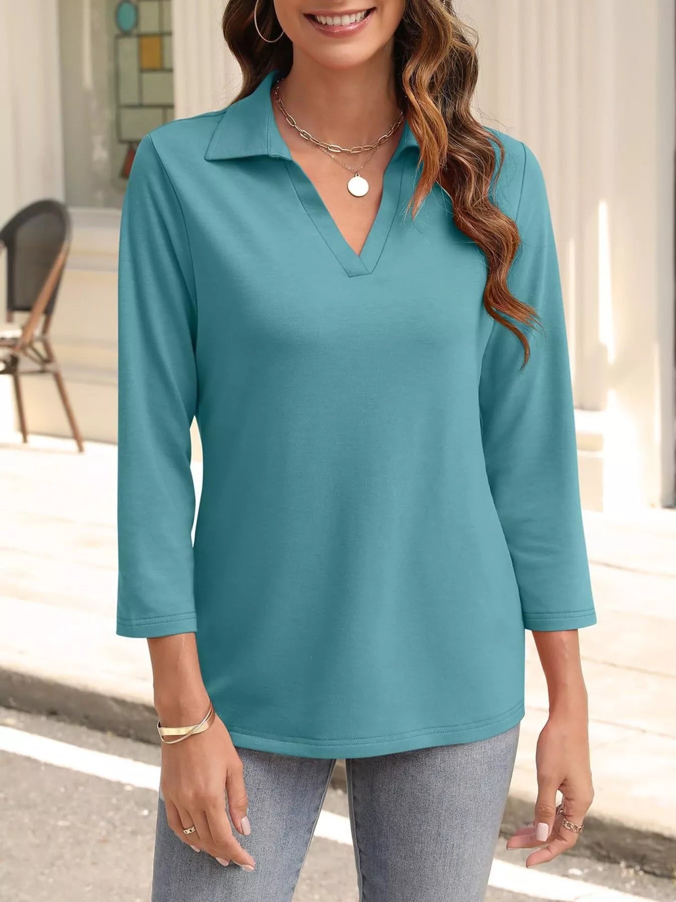 Johnny Collar Solid Color Top Air Force Blue