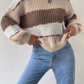 Striped Knit Round Neck Sweater Brown