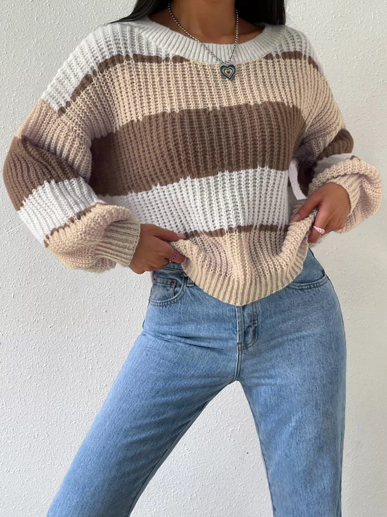 Striped Knit Round Neck Sweater Brown