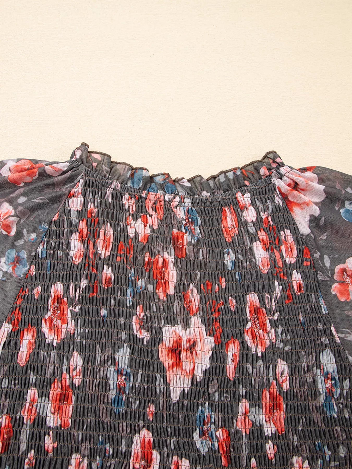 Frilly Smocked Bodice Floral Mesh Long Sleeve Mini Dress