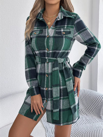 Plaid Button Front Tie Waist Shirt Dress Green