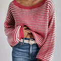 Striped Boat Neck Long Sleeve Sweater Red