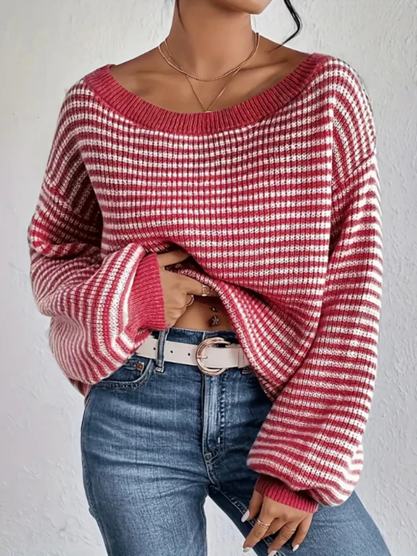 Striped Boat Neck Long Sleeve Sweater Red