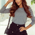 Round Neck Puff Sleeve Sleeve Blouse Dark Gray