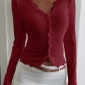 Lace Trim Long Sleeve Top Burgundy