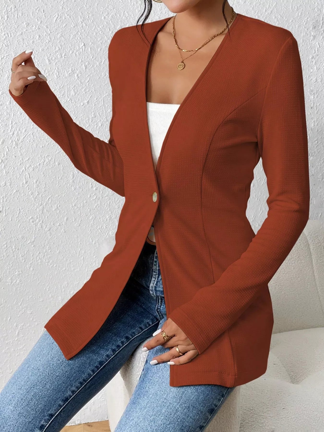 One Button Long Sleeve Blazer Coffee Brown
