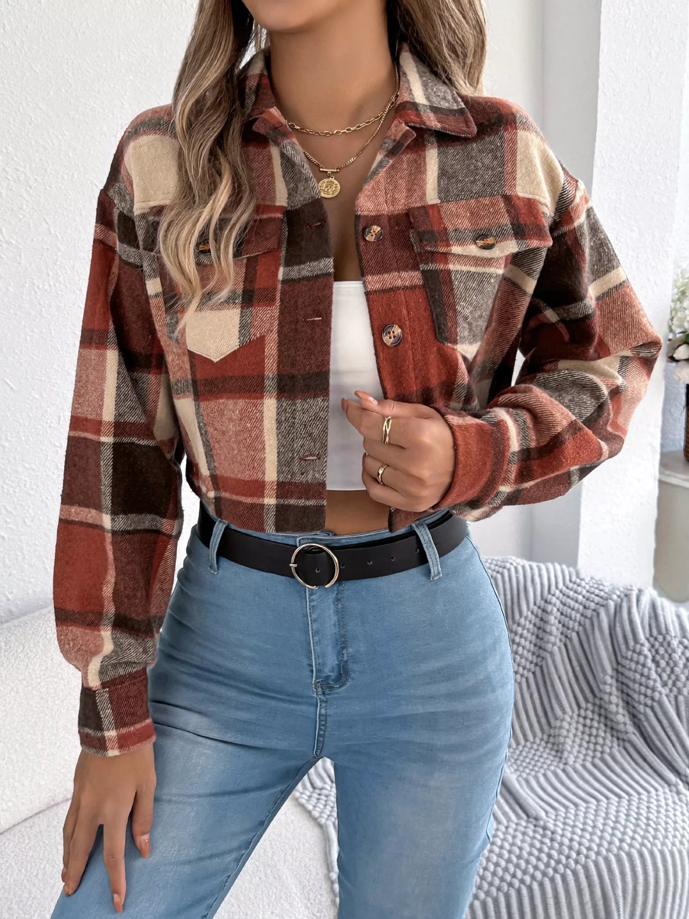 Plaid Button Up Cropped Jacket Orange