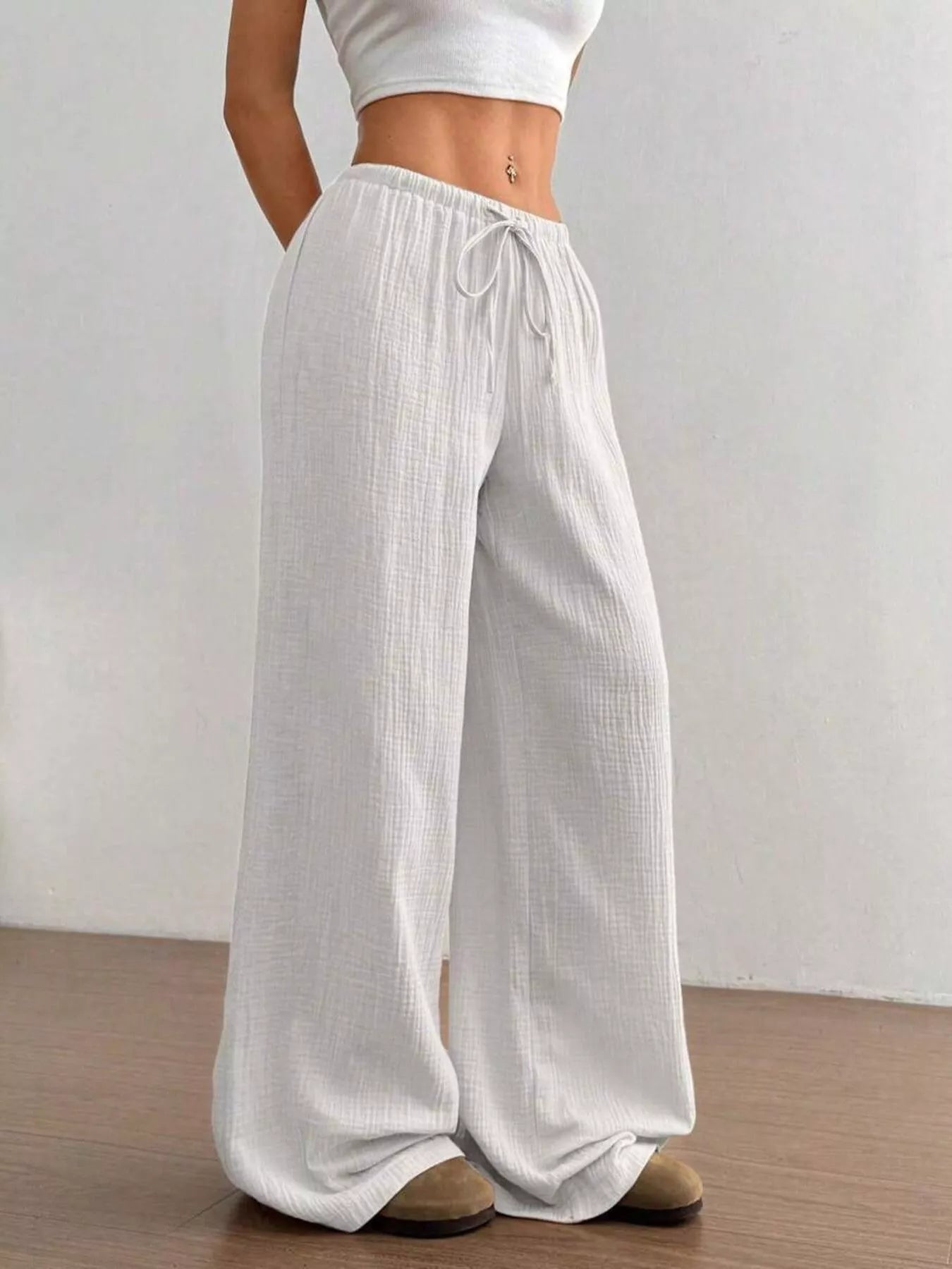 Full Size Drawstring Wide Leg Pants Plus Size White