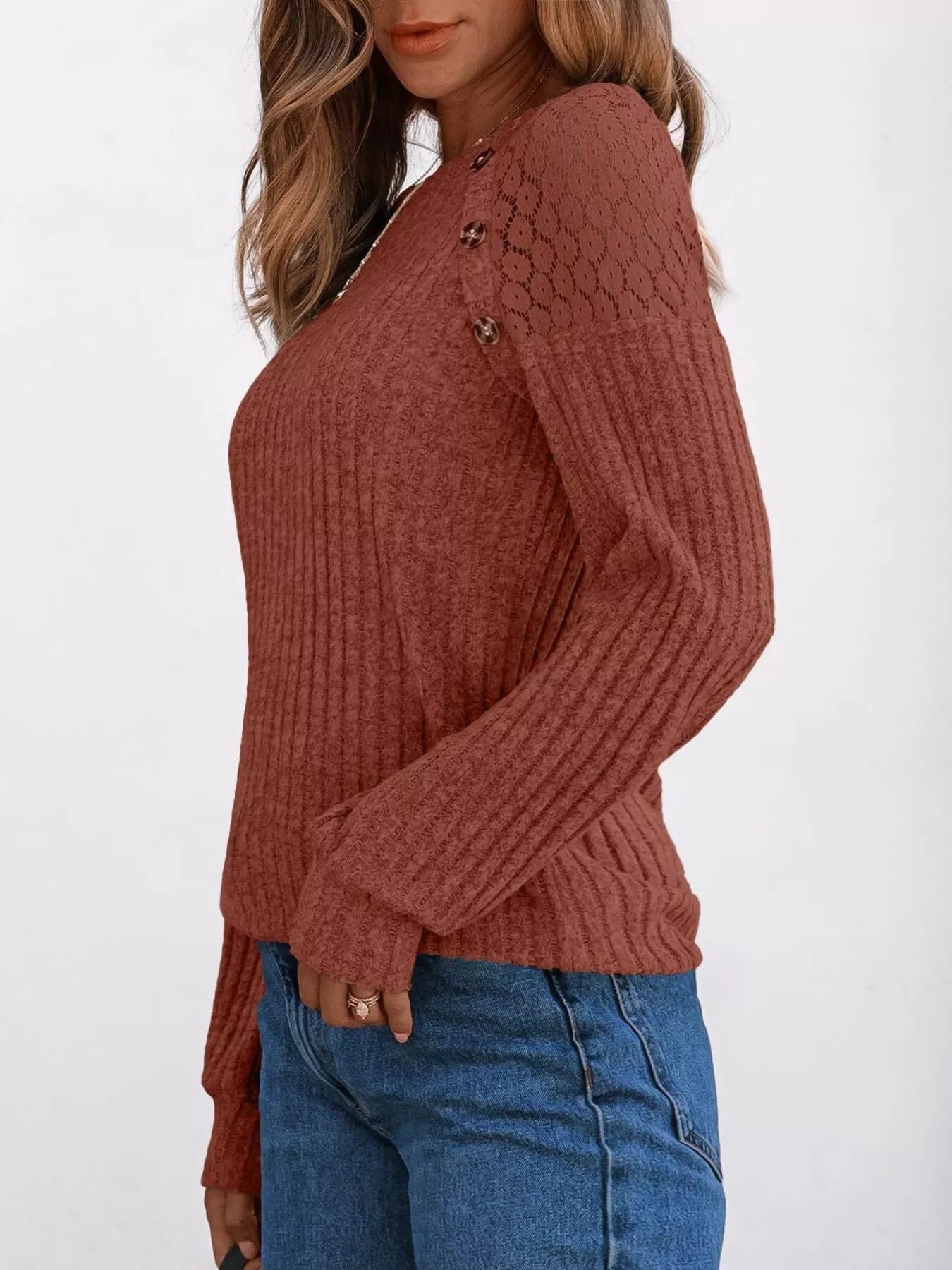 Ribbed Knit T-Shirt with Lace Shoulder Detail