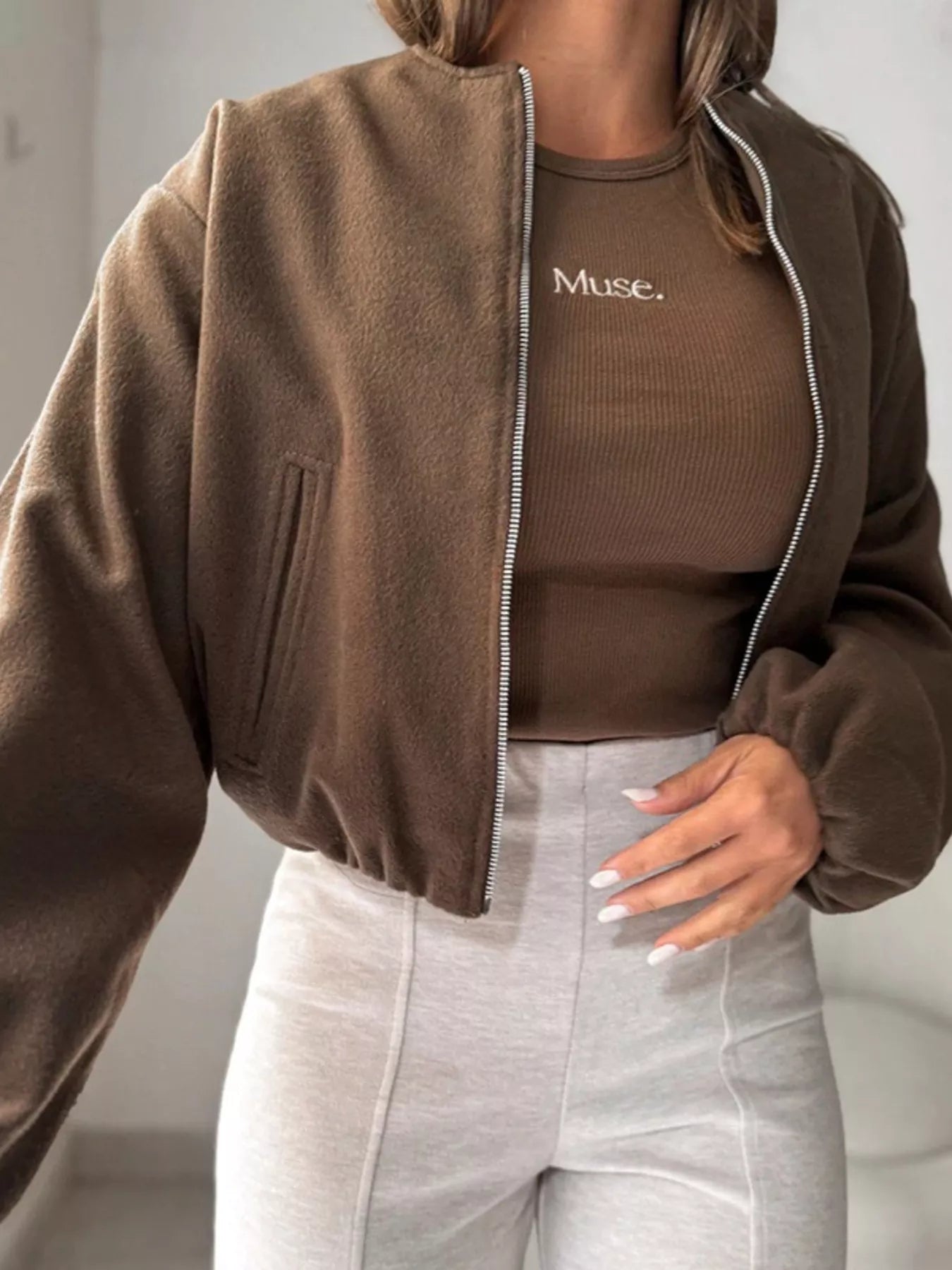 Casual Fleece Zip-Up Jacket Brown