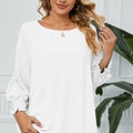 Smocked Lantern Sleeve Round Neck Blouse White