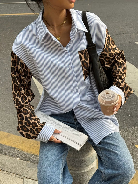 Striped & Leopard Print Button Up Shirt