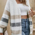 Striped Fuzzy Knit Button-Up Cardigan
