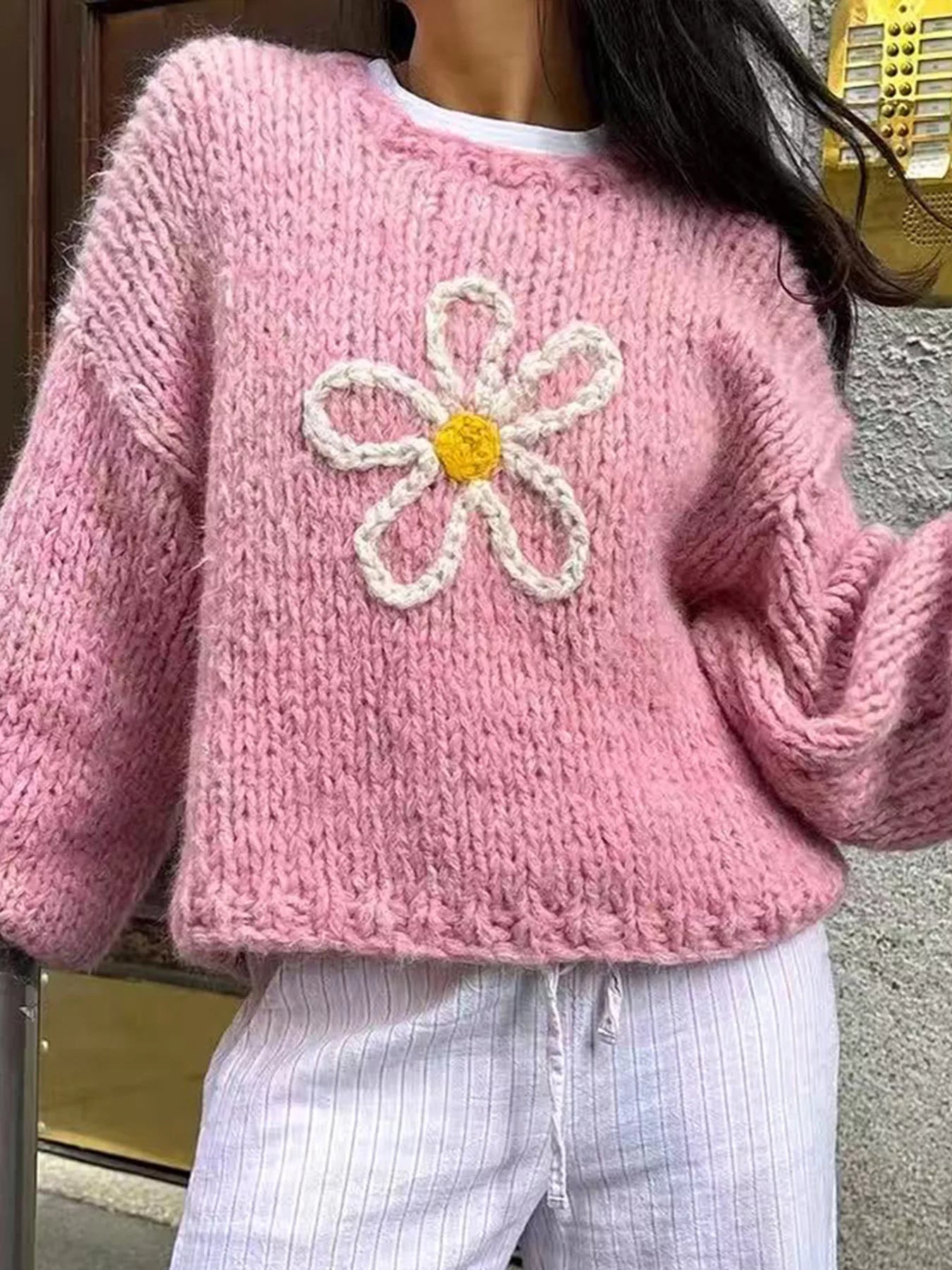 Flower Round Neck Dropped Shoulder Sweater