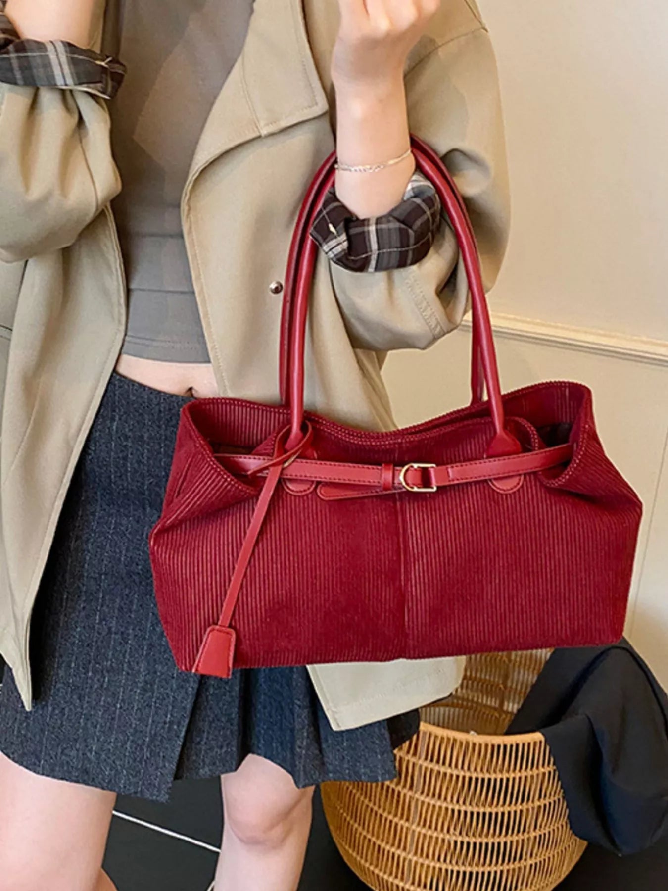 Buckle Decor Shoulder Bag Red One Size