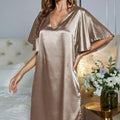 Satin Flutter Sleeve Side Slit V-Neck Night Dress Khaki