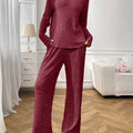 Ribbed Long Sleeve Top and Pants Lounge Set Wine Red