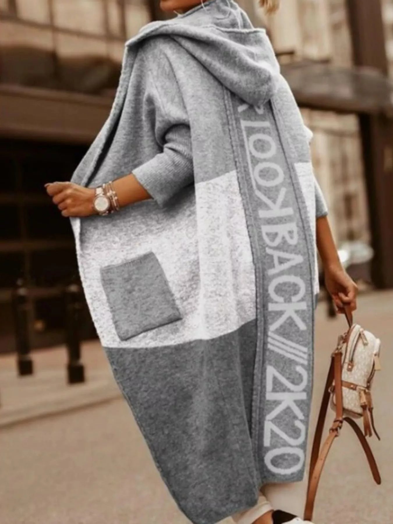 Full Size Hooded Color Block Open Front Cardigan Plus Size White