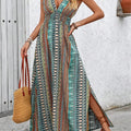 Tied Back Printed Sleeveless Maxi Slit Dress Turquoise