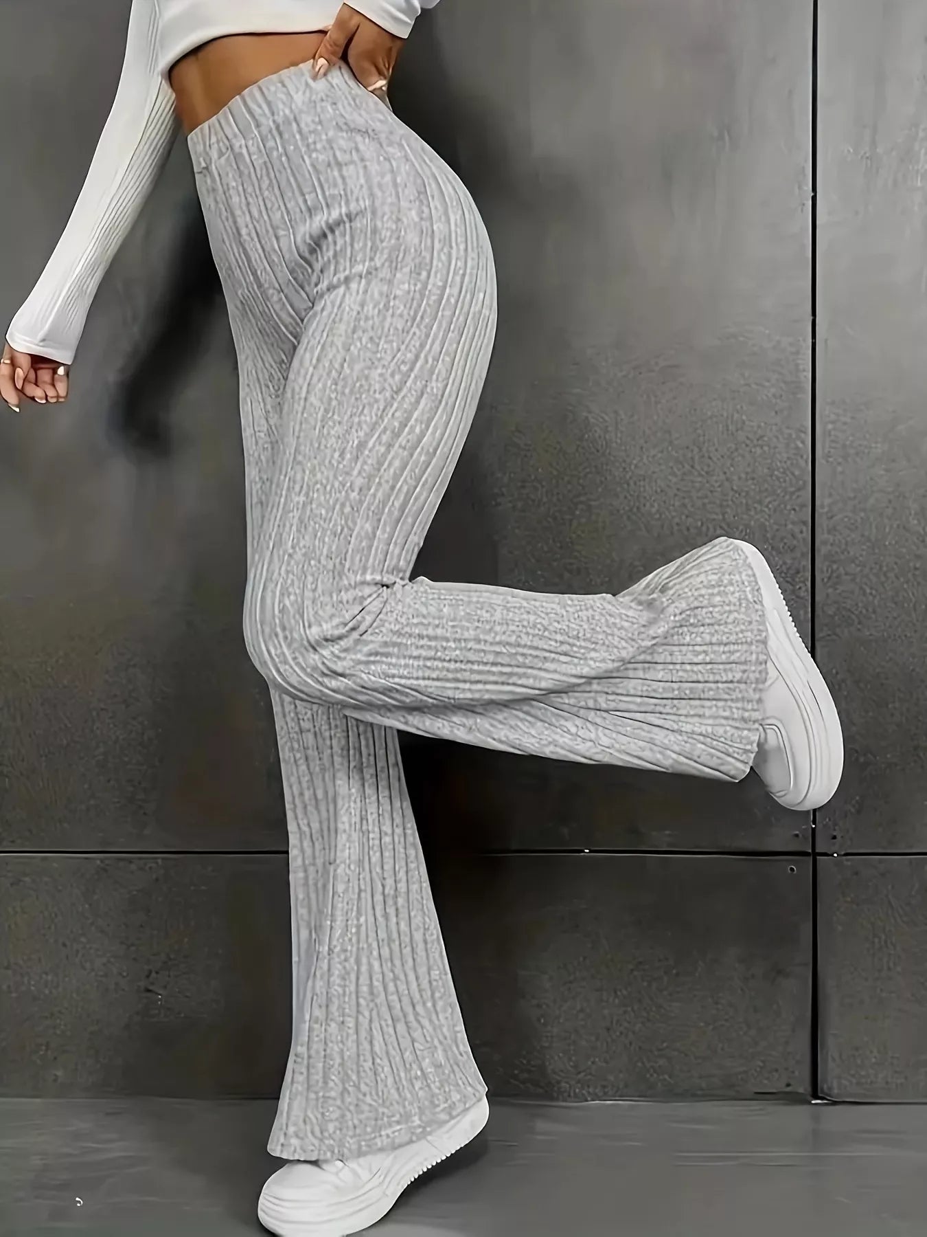 Plus Size Ribbed Knit High Waist Flare Pants