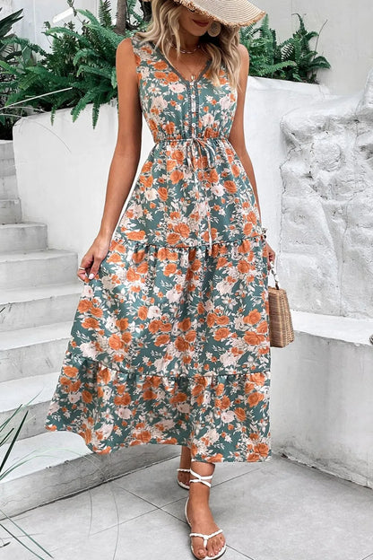 Floral Print Trimmed V Neck Tie Waist Sleeveless Dress Floral