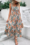 Floral Print Trimmed V Neck Tie Waist Sleeveless Dress Floral