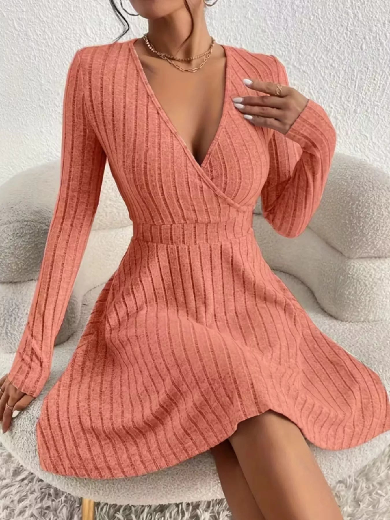 Ribbed Knit Wrap Mini Dress Burnt Coral