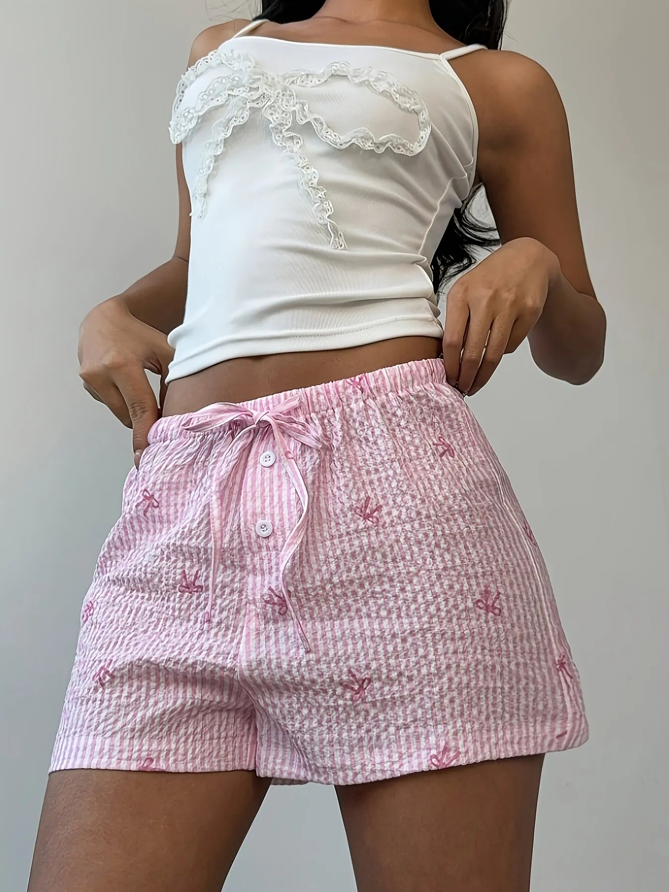 Bow Striped Drawstring Casual Shorts