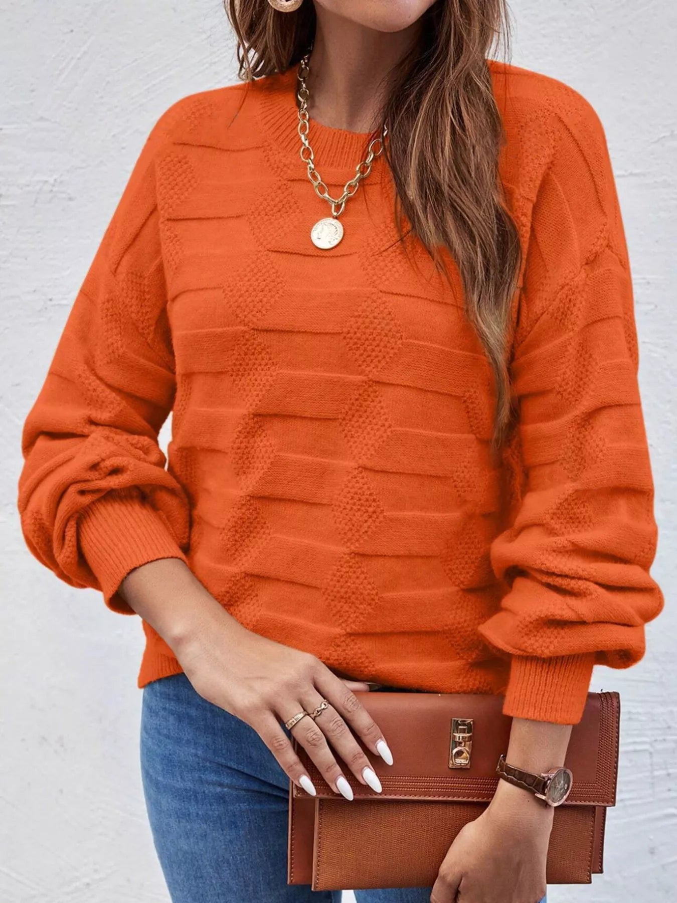 Textured Knit Round Neck Sweater